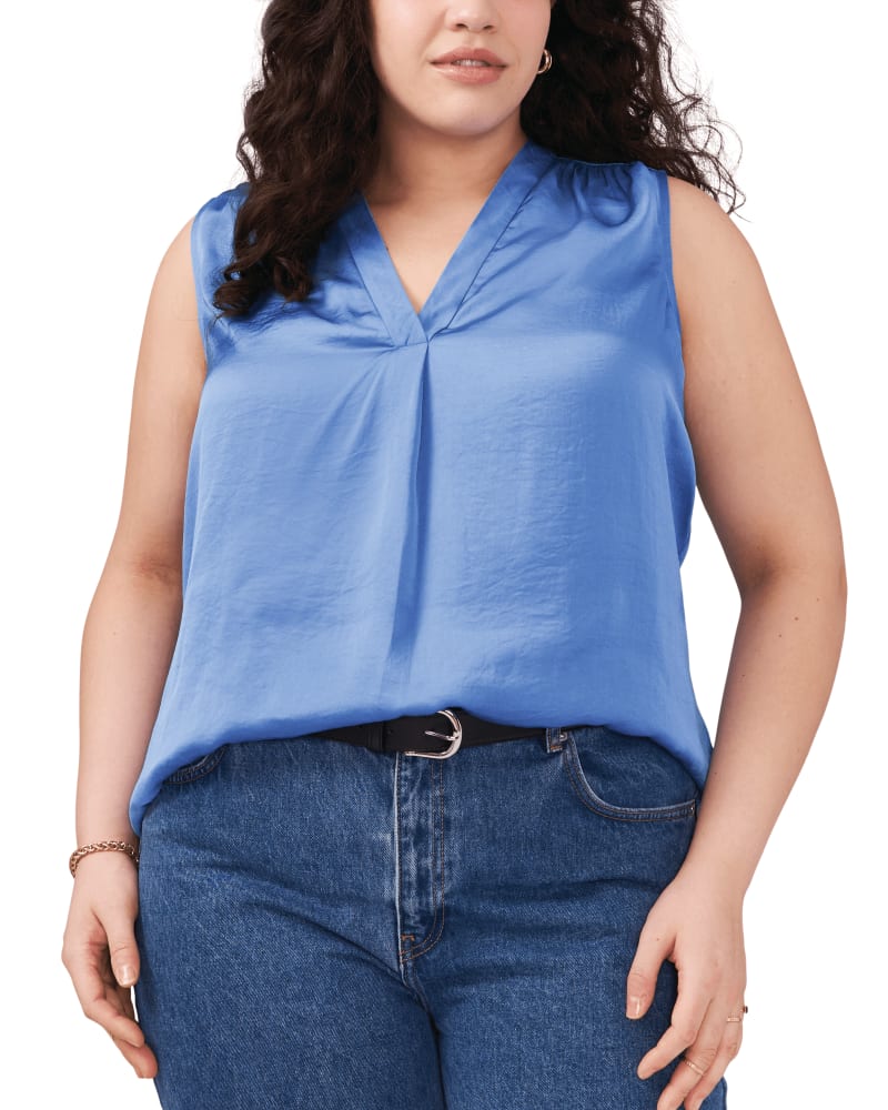 Front of a model wearing a size 1X Elena Sleeveless Blouse in BLUE JAY by Vince Camuto. | dia_product_style_image_id:261823